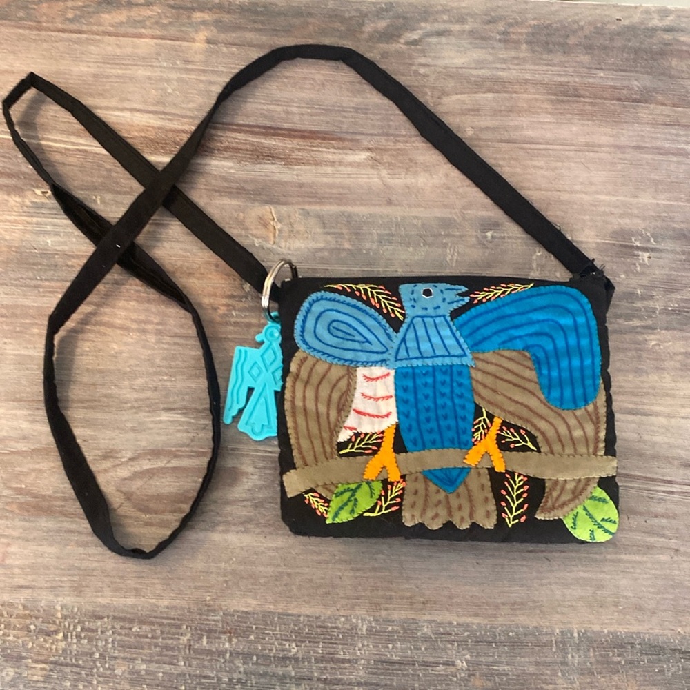 Embroidered Bird Patchwork Quilted Black Padded bag